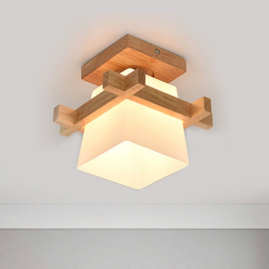 Opal Glass Trapezoid Pendant Light with Wood Deco 1 Head Japanese Style Ceiling Lamp in White for Bedroom Clearhalo 'Ceiling Lights' 'Close To Ceiling Lights' 'Close to ceiling' 'Semi-flushmount' Lighting' 243042