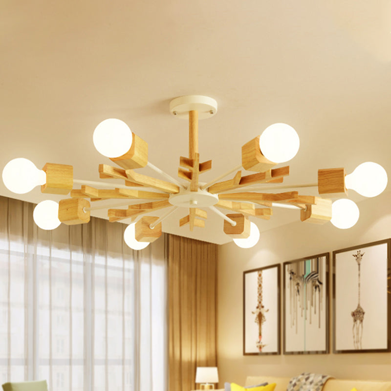 Japanese Style Beige Pendant Light Snowflake Shape Wood Chandelier for Bedroom 8 Wood Clearhalo 'Carpenter Chandeliers' 'Ceiling Lights' 'Chandeliers' 'Industrial' 'Modern Chandeliers' 'Modern' Lighting' 243050