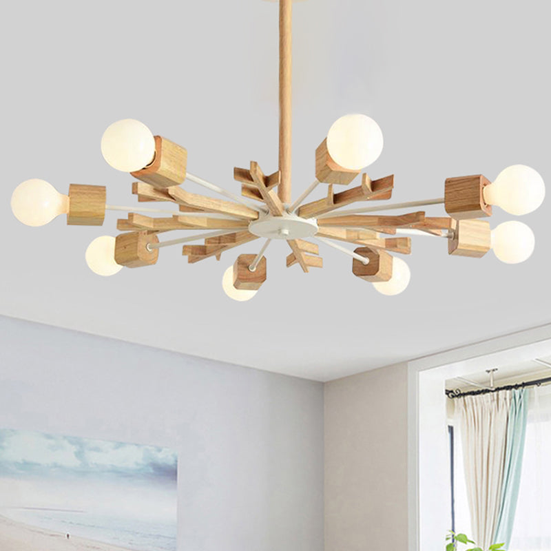 Japanese Style Beige Pendant Light Snowflake Shape Wood Chandelier for Bedroom Clearhalo 'Carpenter Chandeliers' 'Ceiling Lights' 'Chandeliers' 'Industrial' 'Modern Chandeliers' 'Modern' Lighting' 243051