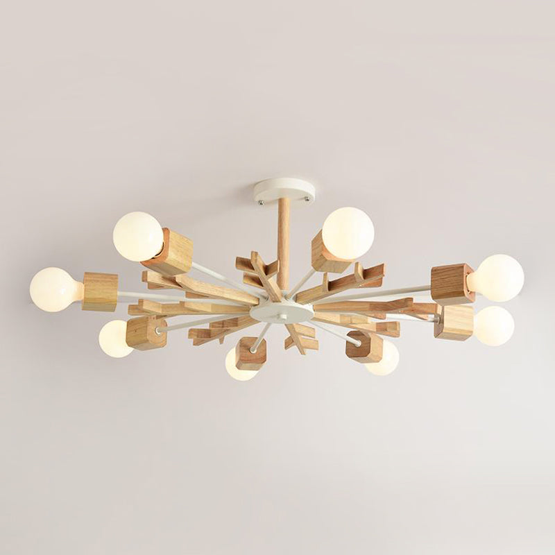 Japanese Style Beige Pendant Light Snowflake Shape Wood Chandelier for Bedroom Clearhalo 'Carpenter Chandeliers' 'Ceiling Lights' 'Chandeliers' 'Industrial' 'Modern Chandeliers' 'Modern' Lighting' 243052