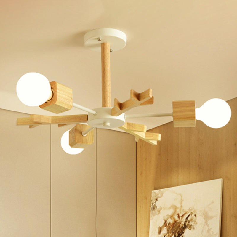Japanese Style Beige Pendant Light Snowflake Shape Wood Chandelier for Bedroom 3 Wood Clearhalo 'Carpenter Chandeliers' 'Ceiling Lights' 'Chandeliers' 'Industrial' 'Modern Chandeliers' 'Modern' Lighting' 243053