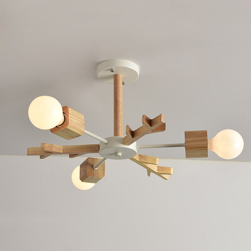 Japanese Style Beige Pendant Light Snowflake Shape Wood Chandelier for Bedroom Clearhalo 'Carpenter Chandeliers' 'Ceiling Lights' 'Chandeliers' 'Industrial' 'Modern Chandeliers' 'Modern' Lighting' 243054
