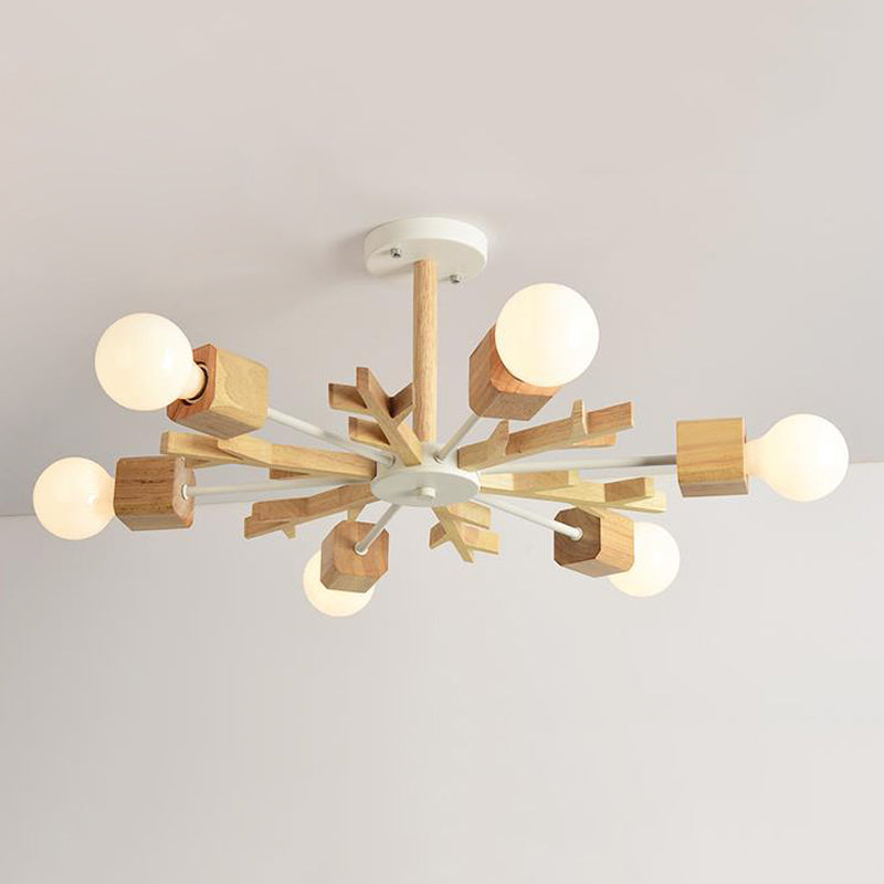 Japanese Style Beige Pendant Light Snowflake Shape Wood Chandelier for Bedroom 6 Wood Clearhalo 'Carpenter Chandeliers' 'Ceiling Lights' 'Chandeliers' 'Industrial' 'Modern Chandeliers' 'Modern' Lighting' 243055