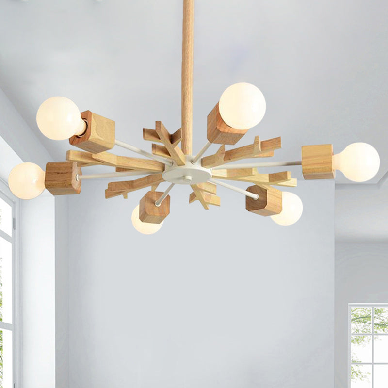 Japanese Style Beige Pendant Light Snowflake Shape Wood Chandelier for Bedroom Clearhalo 'Carpenter Chandeliers' 'Ceiling Lights' 'Chandeliers' 'Industrial' 'Modern Chandeliers' 'Modern' Lighting' 243056