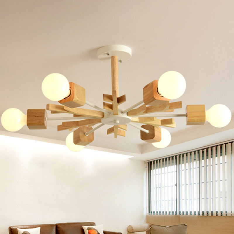 Japanese Style Beige Pendant Light Snowflake Shape Wood Chandelier for Bedroom Clearhalo 'Carpenter Chandeliers' 'Ceiling Lights' 'Chandeliers' 'Industrial' 'Modern Chandeliers' 'Modern' Lighting' 243057