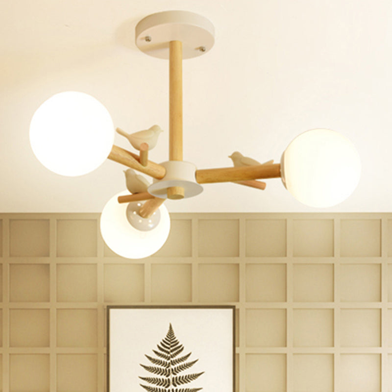 Orb Shade Bedroom Chandelier with Bird Wood Glass Japanese Style Hanging Light in White 3 White Clearhalo 'Carpenter Chandeliers' 'Ceiling Lights' 'Chandeliers' 'Industrial' 'Modern Chandeliers' 'Modern' Lighting' 243078