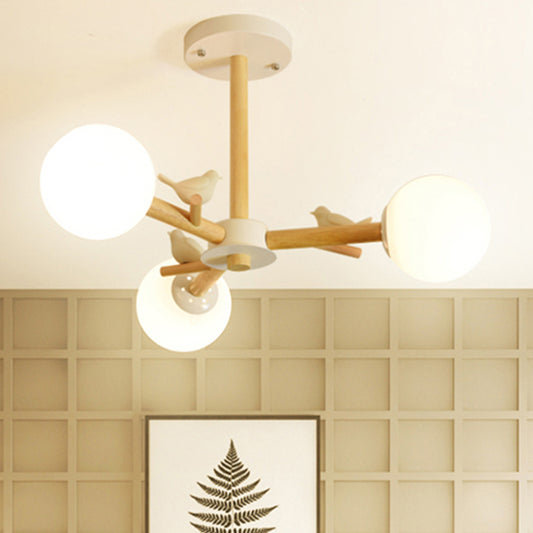 Orb Shade Bedroom Chandelier with Bird Wood Glass Japanese Style Hanging Light in White 3 White Clearhalo 'Carpenter Chandeliers' 'Ceiling Lights' 'Chandeliers' 'Industrial' 'Modern Chandeliers' 'Modern' Lighting' 243078