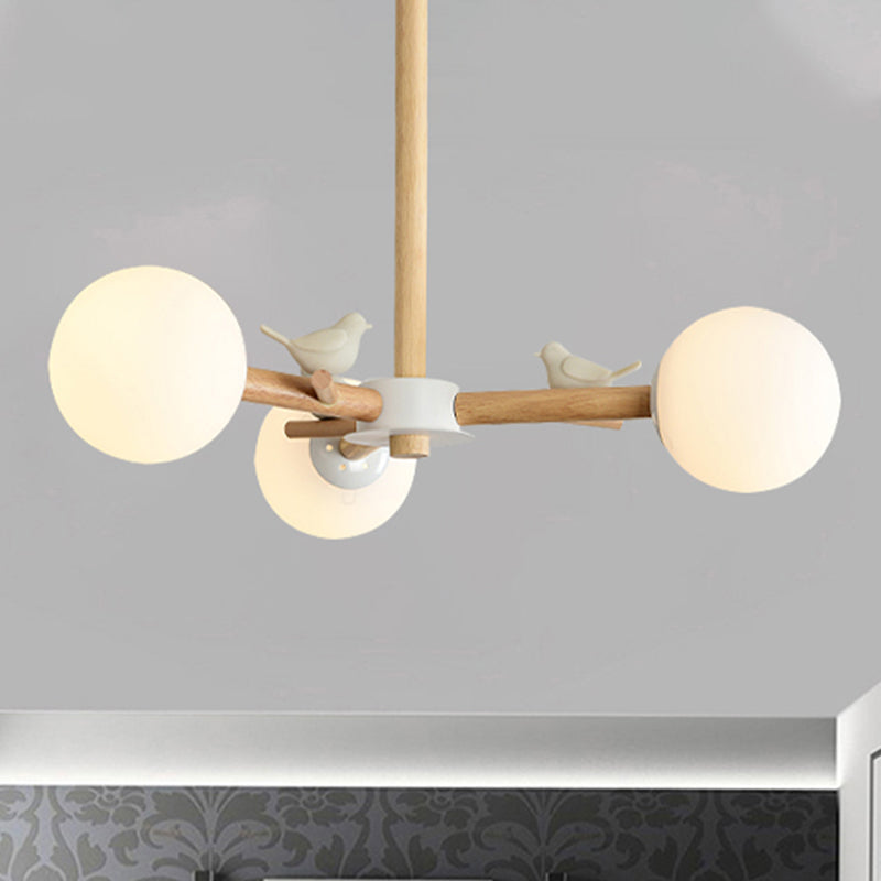 Orb Shade Bedroom Chandelier with Bird Wood Glass Japanese Style Hanging Light in White Clearhalo 'Carpenter Chandeliers' 'Ceiling Lights' 'Chandeliers' 'Industrial' 'Modern Chandeliers' 'Modern' Lighting' 243079