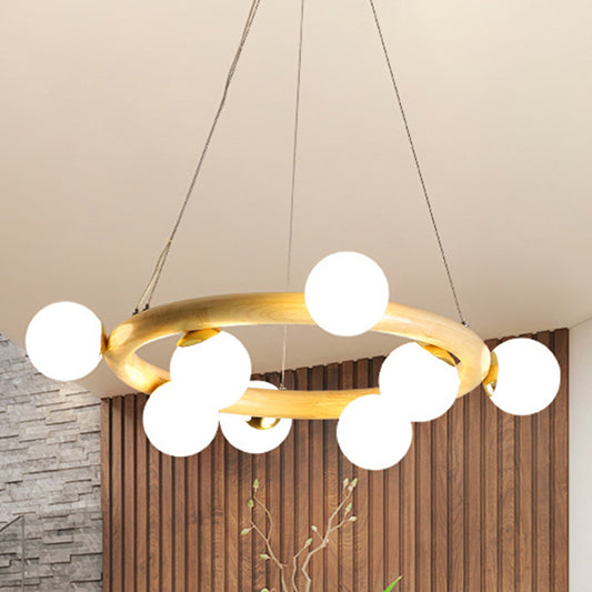 Wood Ring Suspension Light with Bubble Shade Japanese Style Pendant Light in Beige for Study Room Clearhalo 'Carpenter Chandeliers' 'Ceiling Lights' 'Chandeliers' 'Industrial' 'Modern Chandeliers' 'Modern' Lighting' 243105