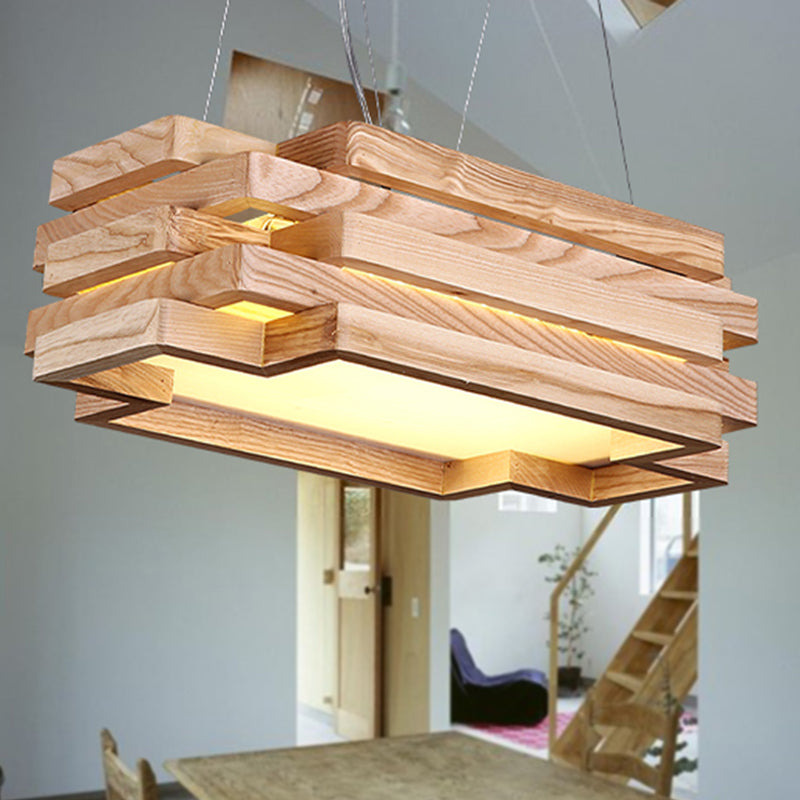 5-Tier Rectangle Hanging Light Wood Nordic Stylish LED Pendant Light in Beige for Tea Station Wood Clearhalo 'Carpenter Chandeliers' 'Ceiling Lights' 'Chandeliers' 'Industrial' 'Modern Chandeliers' 'Modern' Lighting' 243138