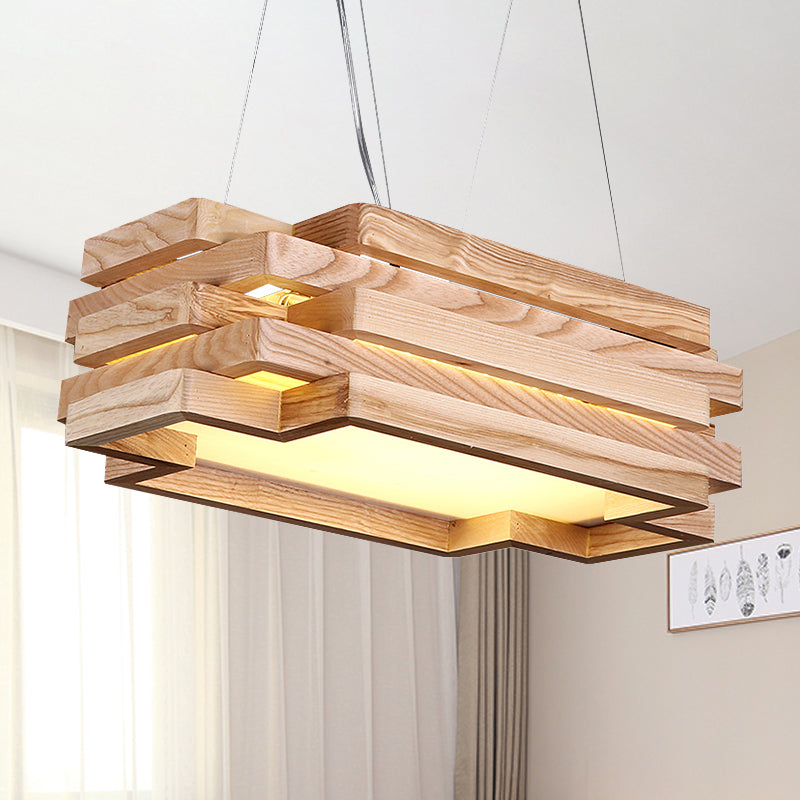 5-Tier Rectangle Hanging Light Wood Nordic Stylish LED Pendant Light in Beige for Tea Station Clearhalo 'Carpenter Chandeliers' 'Ceiling Lights' 'Chandeliers' 'Industrial' 'Modern Chandeliers' 'Modern' Lighting' 243140