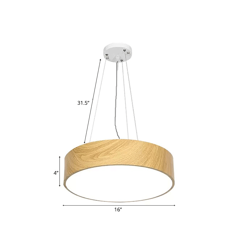 Simplicity Led Suspension Lighting with Drum Wooden Effect Shade Beige Hanging Lamp, 16"/19.5"/23.5" Wide Wood 16" Clearhalo 'Ceiling Lights' 'Modern Pendants' 'Modern' 'Pendant Lights' 'Pendants' Lighting' 243434