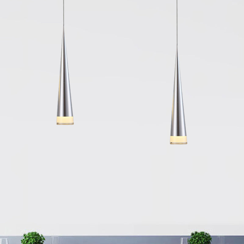 Tapered Hanging Lamp kit Simple Metal Black/Silver/Gold Dining Room Pendant Light Fixture in Warm/White/Neutral Silver Clearhalo 'Ceiling Lights' 'Modern Pendants' 'Modern' 'Pendant Lights' 'Pendants' Lighting' 243462