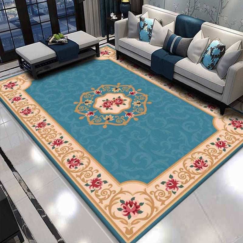 Shabby Chic Living Room Rug Multicolored Floral Printed Indoor Rug Cotton Blend Anti-Slip Backing Pet Friendly Area Carpet Peacock Blue Clearhalo 'Area Rug' 'Rugs' 'Vintage' Rug' 2434915