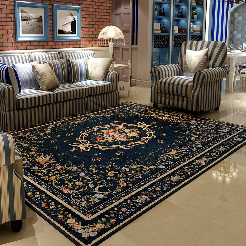 Dark Blue Retro Rug Cotton Blend Floral Printed Indoor Rug Anti-Slip Backing Stain-Resistant Easy Care Area Carpet for Parlor Clearhalo 'Area Rug' 'Rugs' 'Vintage' Rug' 2434925