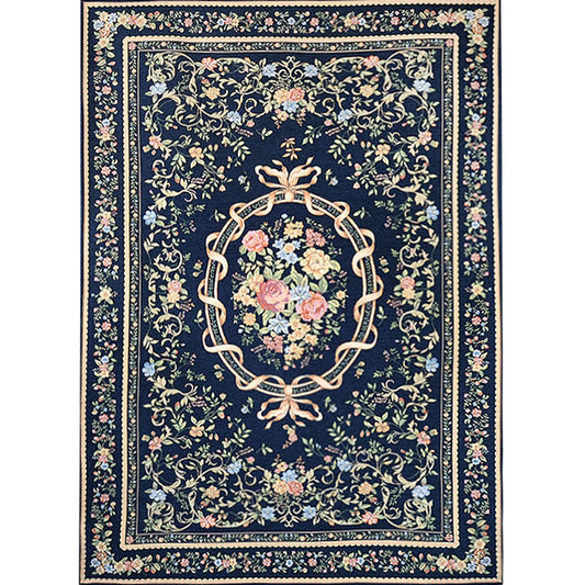 Dark Blue Retro Rug Cotton Blend Floral Printed Indoor Rug Anti-Slip Backing Stain-Resistant Easy Care Area Carpet for Parlor Clearhalo 'Area Rug' 'Rugs' 'Vintage' Rug' 2434927