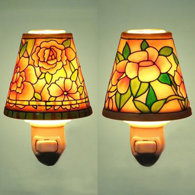 Ceramics Flower/Rose Night Light with Tapered Shade 1 Light Lodge Wall Lighting for Bedside Clearhalo 'Industrial' 'Middle century wall lights' 'Tiffany wall lights' 'Tiffany' 'Wall Lamps & Sconces' 'Wall Lights' Lighting' 24357