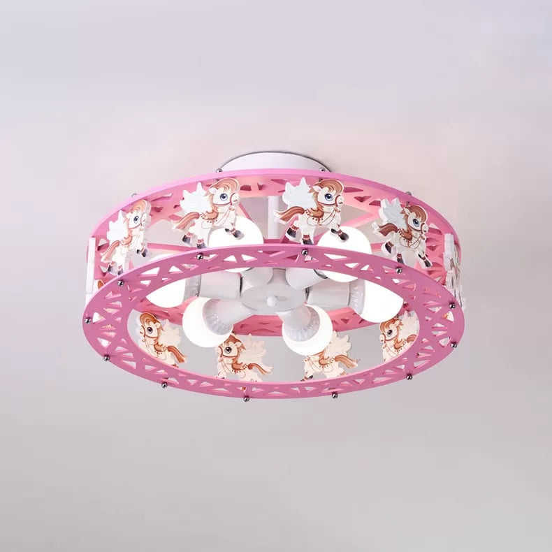 Metal Round Ceiling Mount Light with Carousel Kids Bedroom 6 Lights Cartoon Ceiling Lamp Pink Clearhalo 'Ceiling Lights' 'Close To Ceiling Lights' 'Close to ceiling' 'Flush mount' Lighting' 24367
