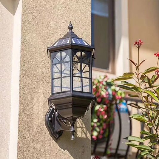 1 Bulb Clear Glass Wall Sconce Lodges Black Hexagon Outdoor Wall Lamp with Solar Panel Black Clearhalo 'Wall Lamps & Sconces' 'Wall Lights' Lighting' 2437057