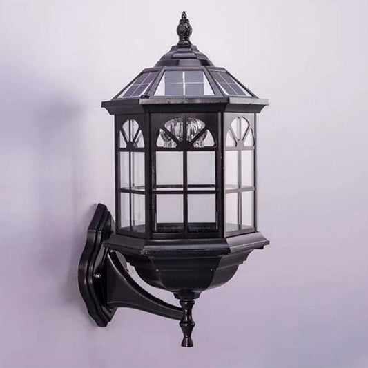 1 Bulb Clear Glass Wall Sconce Lodges Black Hexagon Outdoor Wall Lamp with Solar Panel Clearhalo 'Wall Lamps & Sconces' 'Wall Lights' Lighting' 2437058