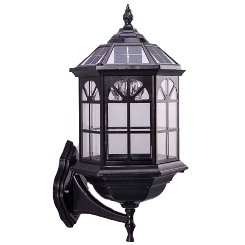 1 Bulb Clear Glass Wall Sconce Lodges Black Hexagon Outdoor Wall Lamp with Solar Panel Clearhalo 'Wall Lamps & Sconces' 'Wall Lights' Lighting' 2437059