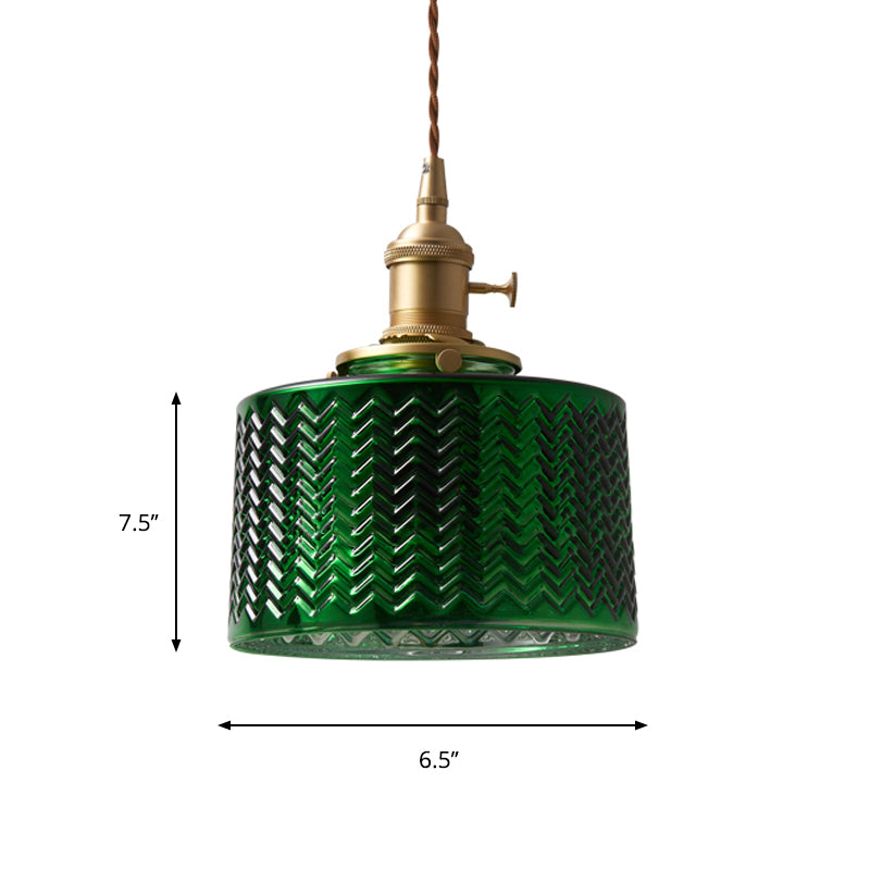 1 Light Textured Green Glass Pendant Vintage Brass Drum/Bowl Bedside Hanging Light Fixture with Rotary Switch Clearhalo 'Ceiling Lights' 'Glass shade' 'Glass' 'Industrial Pendants' 'Industrial' 'Middle Century Pendants' 'Pendant Lights' 'Pendants' 'Tiffany' Lighting' 2437168