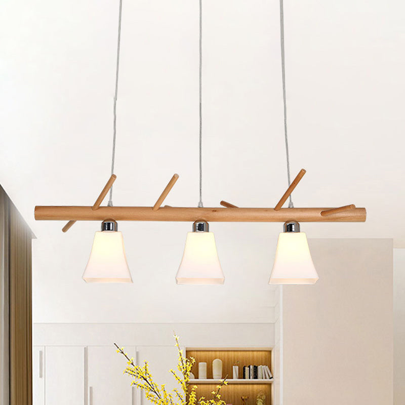 Opal Glass Bell Shade Chandelier 3-Light Modern Island Lighting in Wood for Dining Room Clearhalo 'Ceiling Lights' 'Island Lights' Lighting' 243826
