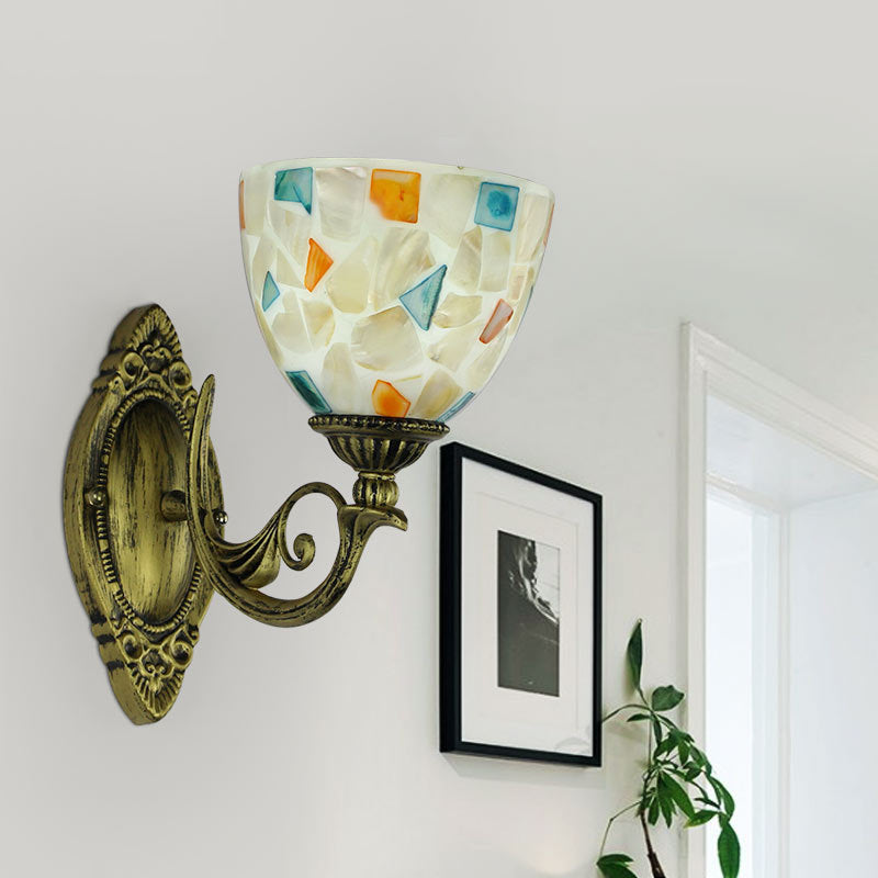 1 Light White-Gray/Beige/Yellow-Blue Glass Wall Lighting with Shade Tiffany Loft Shell Sconce Lamp for Bedroom Yellow-Blue Clearhalo 'Industrial' 'Middle century wall lights' 'Tiffany wall lights' 'Tiffany' 'Wall Lamps & Sconces' 'Wall Lights' Lighting' 24399