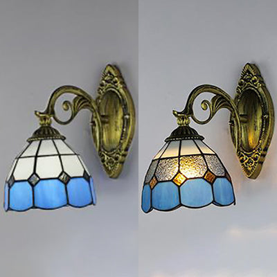 Stained Glass Bowl Sconce Light Vintage Tiffany 1 Light Wall Lighting in Clear/White for Corridor Clearhalo 'Industrial' 'Middle century wall lights' 'Tiffany wall lights' 'Tiffany' 'Wall Lamps & Sconces' 'Wall Lights' Lighting' 24406