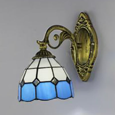Stained Glass Bowl Sconce Light Vintage Tiffany 1 Light Wall Lighting in Clear/White for Corridor White Clearhalo 'Industrial' 'Middle century wall lights' 'Tiffany wall lights' 'Tiffany' 'Wall Lamps & Sconces' 'Wall Lights' Lighting' 24407