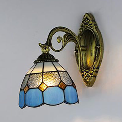 Stained Glass Bowl Sconce Light Vintage Tiffany 1 Light Wall Lighting in Clear/White for Corridor Clearhalo 'Industrial' 'Middle century wall lights' 'Tiffany wall lights' 'Tiffany' 'Wall Lamps & Sconces' 'Wall Lights' Lighting' 24409