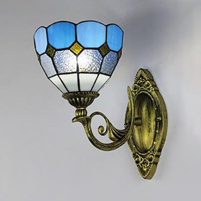 Stained Glass Bowl Sconce Light Vintage Tiffany 1 Light Wall Lighting in Clear/White for Corridor Clearhalo 'Industrial' 'Middle century wall lights' 'Tiffany wall lights' 'Tiffany' 'Wall Lamps & Sconces' 'Wall Lights' Lighting' 24410