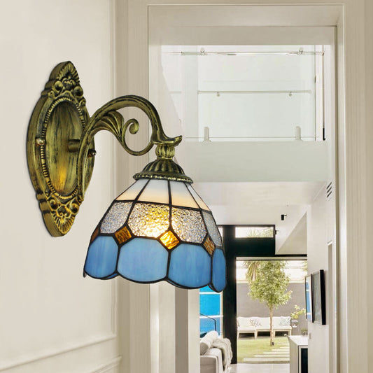 Stained Glass Bowl Sconce Light Vintage Tiffany 1 Light Wall Lighting in Clear/White for Corridor Clear Clearhalo 'Industrial' 'Middle century wall lights' 'Tiffany wall lights' 'Tiffany' 'Wall Lamps & Sconces' 'Wall Lights' Lighting' 24411