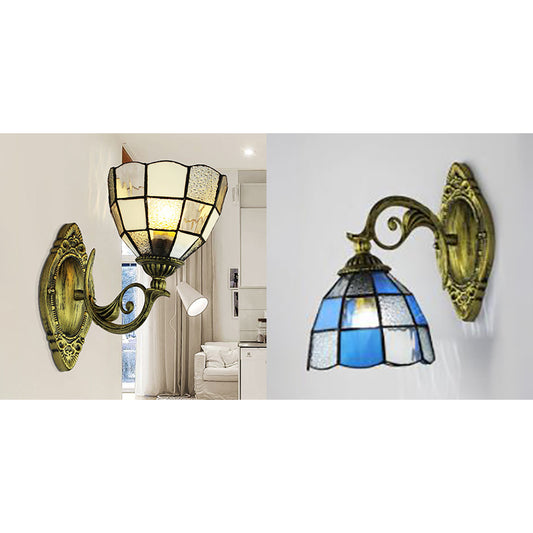 Dome Wall Sconce Light Grid Glass 1 Head Tiffany Wall Mount Lighting in White/Blue for Bedroom Clearhalo 'Industrial' 'Middle century wall lights' 'Tiffany wall lights' 'Tiffany' 'Wall Lamps & Sconces' 'Wall Lights' Lighting' 24413