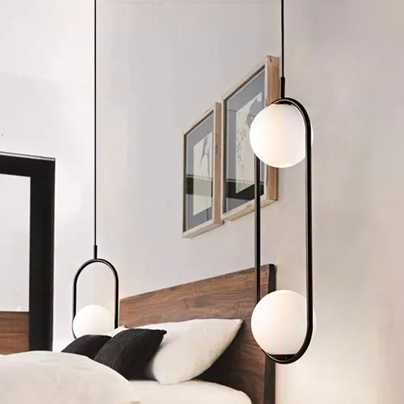 Globe Pendant Lighting Modern White Glass 1/2 Lights Black/Gold Hanging Ceiling Lamp for Bedroom 2 Black Clearhalo 'Ceiling Lights' 'Glass shade' 'Glass' 'Iluminaci��n' 'L��mparas Colgantes' 'L��mparas de Techo' 'Modern Pendants' 'Modern' 'Pendant Lights' 'Pendants' Hogar' Lighting' 244202