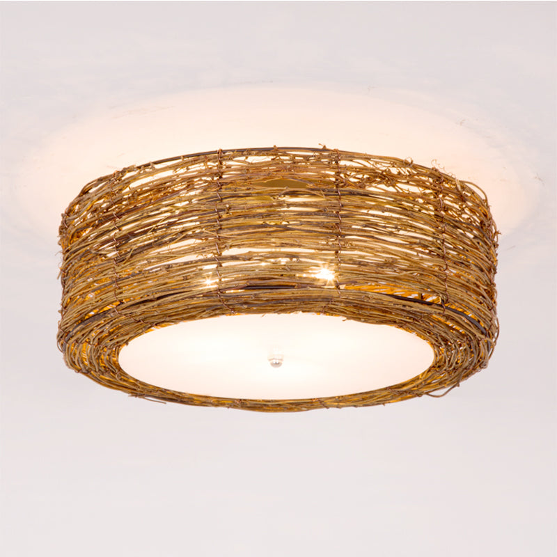 Hand-Woven Flush Mount Lamp with Round Shade Modern Rattan 3 Lights Bedroom Ceiling Light Fixture in Brown, 16"/19.5" W Brown Clearhalo 'Ceiling Lights' 'Close To Ceiling Lights' 'Close to ceiling' 'Flush mount' Lighting' 244280