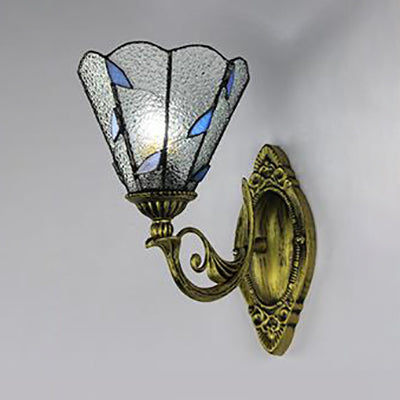 Aged Brass Curved Arm Wall Light with Stained Glass Cone Shade 1 Light Vintage Sconce Light in White/Clear Clear Clearhalo 'Cast Iron' 'Glass' 'Industrial' 'Middle century wall lights' 'Modern' 'Tiffany wall lights' 'Tiffany' 'Traditional wall lights' 'Wall Lamps & Sconces' 'Wall Lights' Lighting' 24429