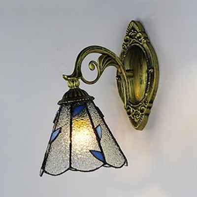Aged Brass Curved Arm Wall Light with Stained Glass Cone Shade 1 Light Vintage Sconce Light in White/Clear Clearhalo 'Cast Iron' 'Glass' 'Industrial' 'Middle century wall lights' 'Modern' 'Tiffany wall lights' 'Tiffany' 'Traditional wall lights' 'Wall Lamps & Sconces' 'Wall Lights' Lighting' 24430