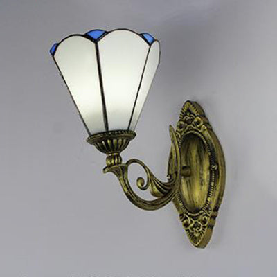 Aged Brass Curved Arm Wall Light with Stained Glass Cone Shade 1 Light Vintage Sconce Light in White/Clear White Clearhalo 'Cast Iron' 'Glass' 'Industrial' 'Middle century wall lights' 'Modern' 'Tiffany wall lights' 'Tiffany' 'Traditional wall lights' 'Wall Lamps & Sconces' 'Wall Lights' Lighting' 24431