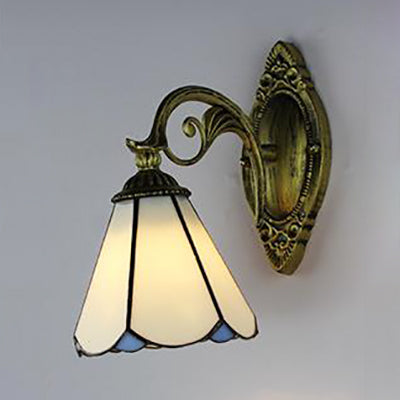 Aged Brass Curved Arm Wall Light with Stained Glass Cone Shade 1 Light Vintage Sconce Light in White/Clear Clearhalo 'Cast Iron' 'Glass' 'Industrial' 'Middle century wall lights' 'Modern' 'Tiffany wall lights' 'Tiffany' 'Traditional wall lights' 'Wall Lamps & Sconces' 'Wall Lights' Lighting' 24432