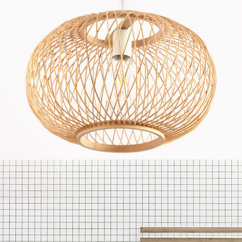 Bamboo Rounded Drum Pendant Lighting Asian Style 1 Bulb Hanging Lamp for Living Room, 16"/19.5" Wide Clearhalo 'Ceiling Lights' 'Pendant Lights' 'Pendants' Lighting' 244397