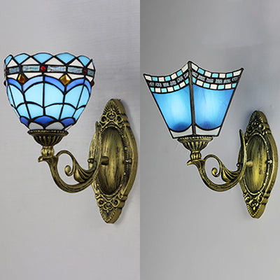 Nautical Wall Sconce with Dome/Swallow-Tail Shape Stained Glass 1 Light Wall Mount Light in Blue Clearhalo 'Industrial' 'Middle century wall lights' 'Tiffany wall lights' 'Tiffany' 'Wall Lamps & Sconces' 'Wall Lights' Lighting' 24443