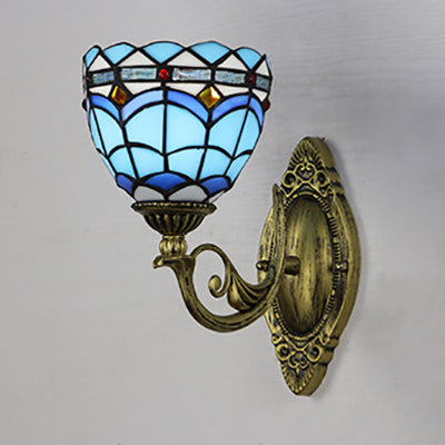 Nautical Wall Sconce with Dome/Swallow-Tail Shape Stained Glass 1 Light Wall Mount Light in Blue Blue Dome Clearhalo 'Industrial' 'Middle century wall lights' 'Tiffany wall lights' 'Tiffany' 'Wall Lamps & Sconces' 'Wall Lights' Lighting' 24444