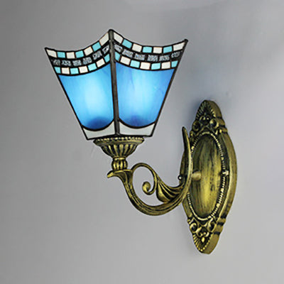 Nautical Wall Sconce with Dome/Swallow-Tail Shape Stained Glass 1 Light Wall Mount Light in Blue Blue Swallow-Tail Clearhalo 'Industrial' 'Middle century wall lights' 'Tiffany wall lights' 'Tiffany' 'Wall Lamps & Sconces' 'Wall Lights' Lighting' 24446