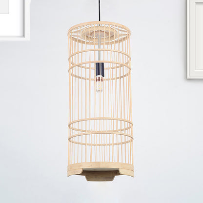 Cylindrical Shade Hanging Light Asian Style Bamboo 1-Bulb Beige Pendant Lamp for Dining Room Beige Clearhalo 'Ceiling Lights' 'Pendant Lights' 'Pendants' Lighting' 244475_55a8fe0b-5bb0-4a8f-a9d6-b2c2ea59579a