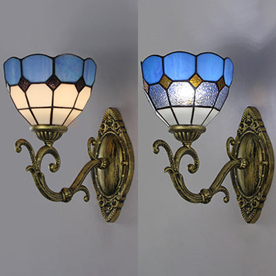 Mediterranean Bowl Wall Lamp Stained Glass and Metal 1 Light Wall Sconce Lighting in Clear/White Clearhalo 'Industrial' 'Middle century wall lights' 'Tiffany wall lights' 'Tiffany' 'Wall Lamps & Sconces' 'Wall Lights' Lighting' 24449