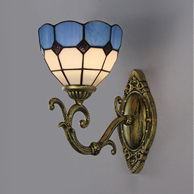 Mediterranean Bowl Wall Lamp Stained Glass and Metal 1 Light Wall Sconce Lighting in Clear/White White Clearhalo 'Industrial' 'Middle century wall lights' 'Tiffany wall lights' 'Tiffany' 'Wall Lamps & Sconces' 'Wall Lights' Lighting' 24450
