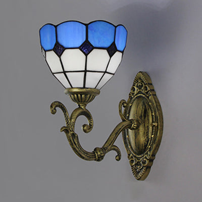 Mediterranean Bowl Wall Lamp Stained Glass and Metal 1 Light Wall Sconce Lighting in Clear/White Clearhalo 'Industrial' 'Middle century wall lights' 'Tiffany wall lights' 'Tiffany' 'Wall Lamps & Sconces' 'Wall Lights' Lighting' 24451