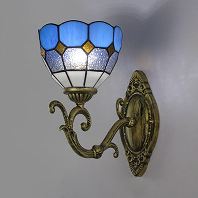 Mediterranean Bowl Wall Lamp Stained Glass and Metal 1 Light Wall Sconce Lighting in Clear/White Clearhalo 'Industrial' 'Middle century wall lights' 'Tiffany wall lights' 'Tiffany' 'Wall Lamps & Sconces' 'Wall Lights' Lighting' 24452