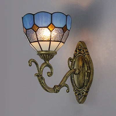 Mediterranean Bowl Wall Lamp Stained Glass and Metal 1 Light Wall Sconce Lighting in Clear/White Clearhalo 'Industrial' 'Middle century wall lights' 'Tiffany wall lights' 'Tiffany' 'Wall Lamps & Sconces' 'Wall Lights' Lighting' 24453